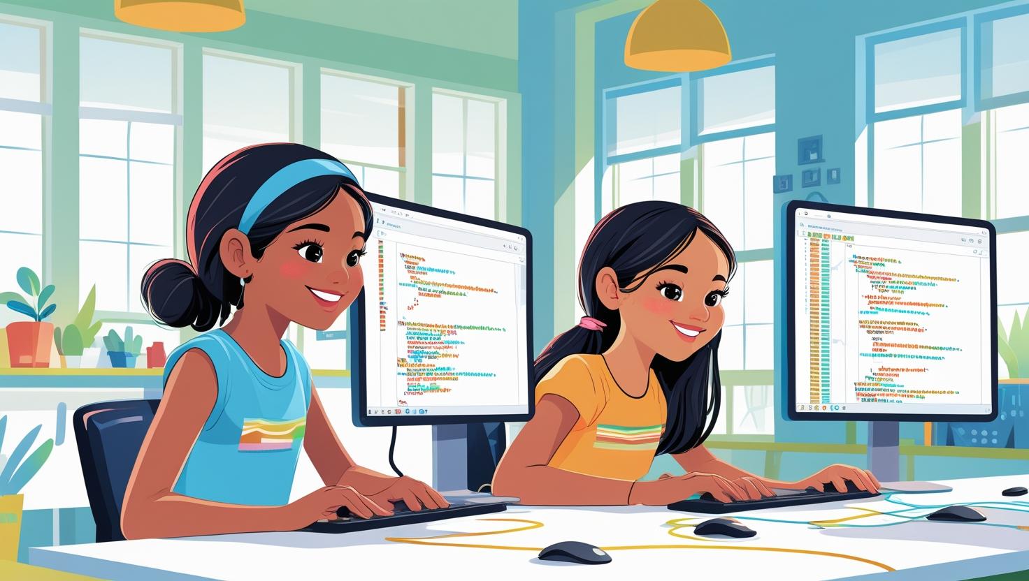Young girl is coding with computer. Young girl is coding with computer.